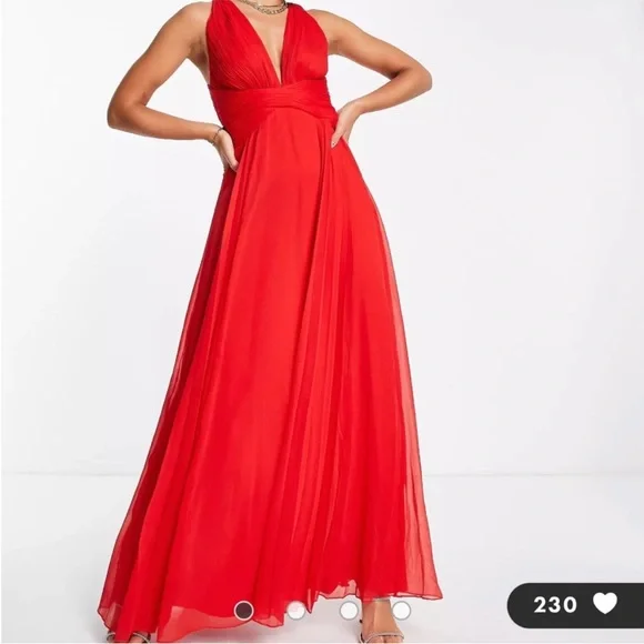 knee length dresses for ladies Rent ASOS DESIGN Satin Cowl Neck Maxi Dress With Ruching Detail In Dark Red main image 0